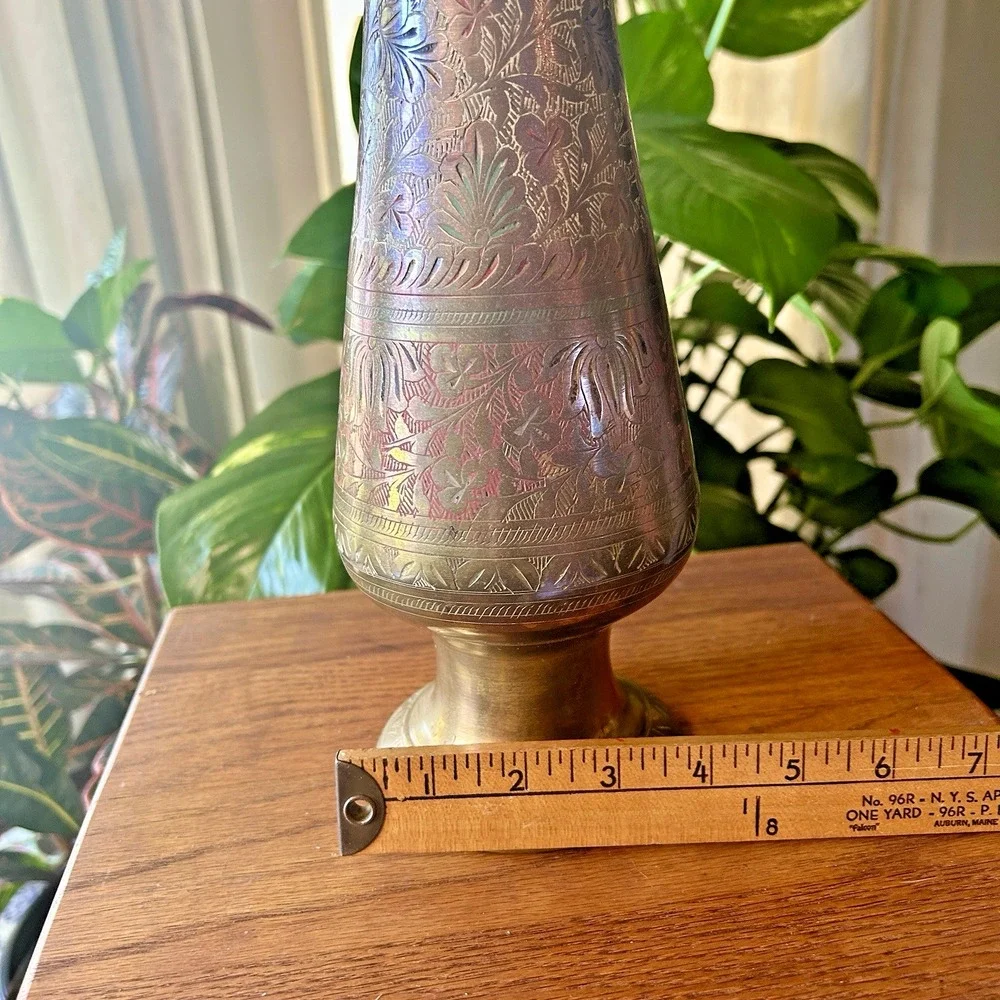 VTG Etched 14 inch Indian Brass Vase Colored Inlay Botanical Pattern Boho MCM